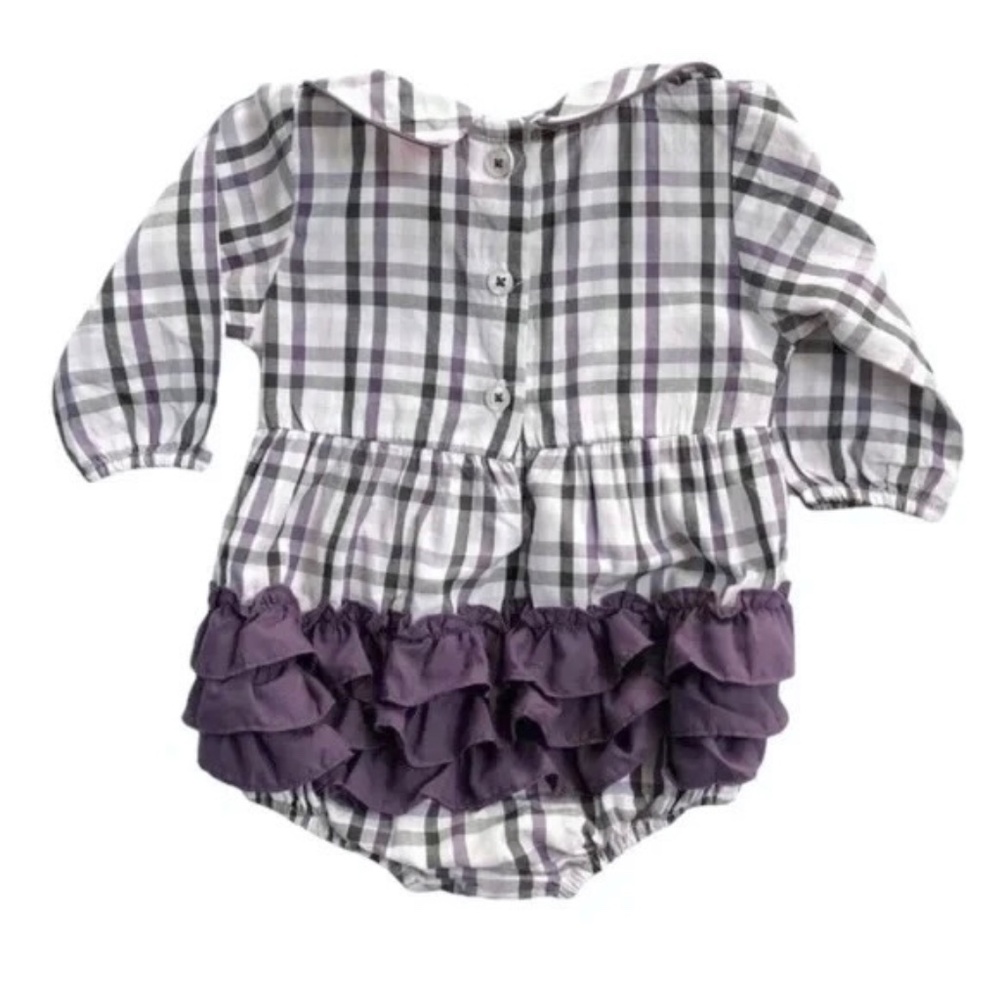 Ruffle Butts Kingsley Purple & Gray Plaid Bubble Romper & Knee Socks Girls  3-6 - Picture 3 of 5